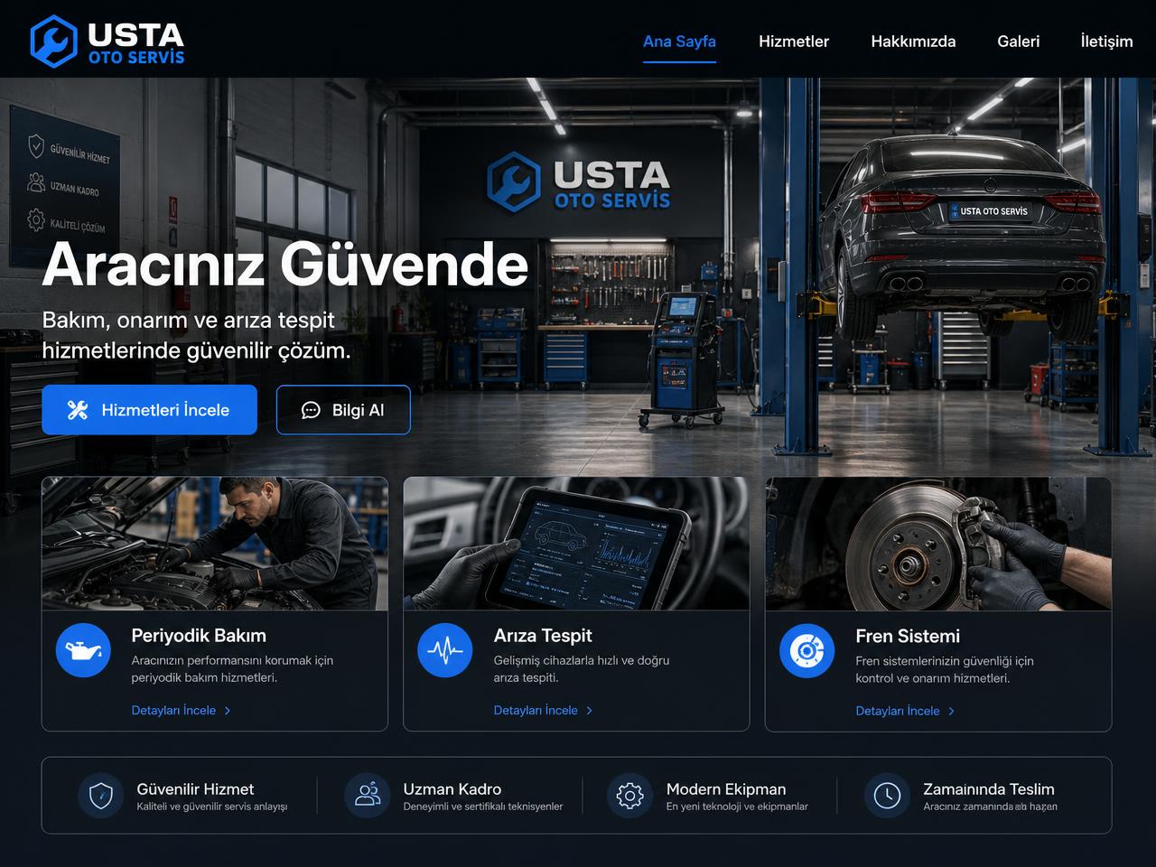 Oto Servis sektörü için hazırlanmış örnek web sitesi ana sayfa tasarımı